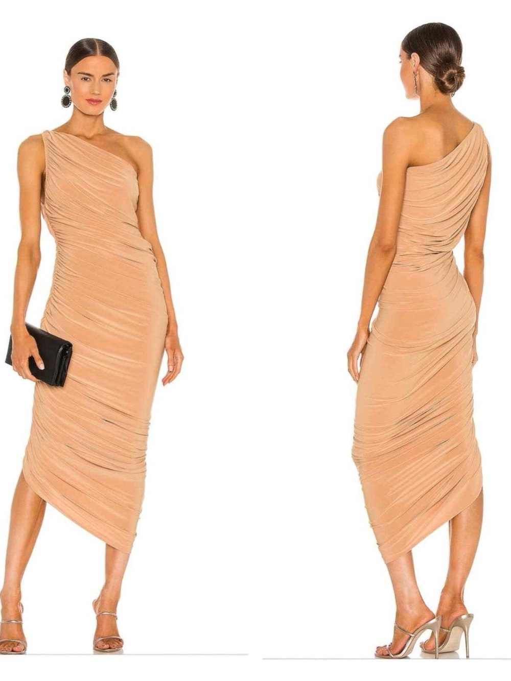 Norma Kamali Asymmetric One-Shoulder Ruched Midi Dress in Nude Beige
